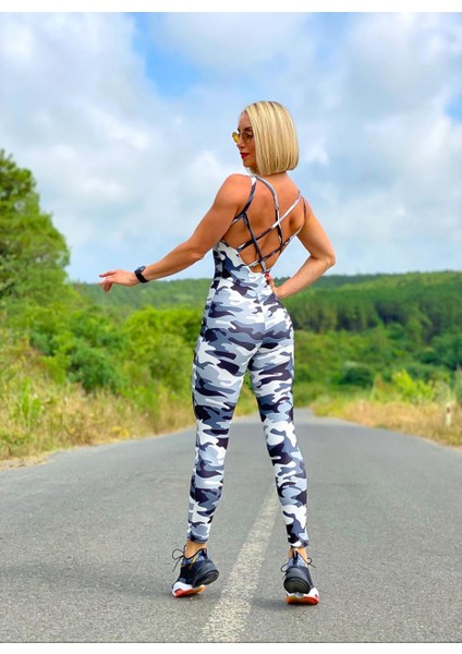 Gri Kamuflaj Desen Sırtı Çift Çapraz Ip Detaylı Spor Tayt Tulum indirimleri