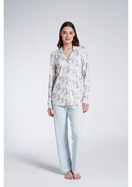 Kadın Mavi Boydan Düğmeli Pijama Takım 1737
