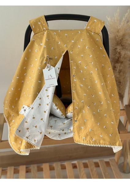 Çift Taraflı Puset Örtüsü+Puset Minderi+Puset Çarşafı 3'lü Set Hardal Hindiba