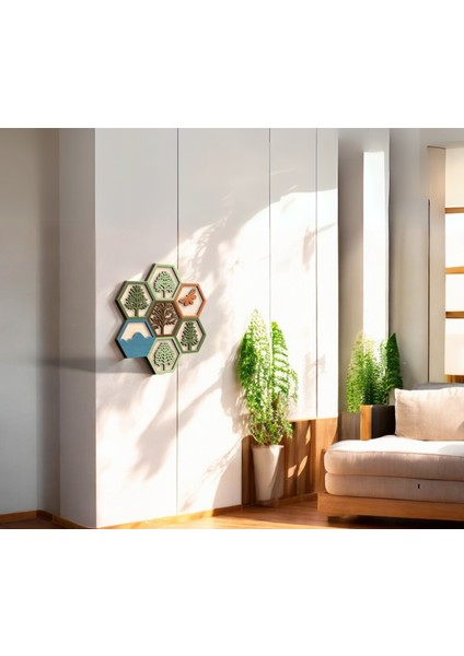 Ahşap Hexagon Doğa Temalı Duvar Dekoru - Ağaç ve Doğa Motifli Dekoratif Tablo