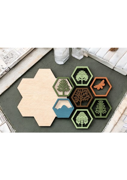 Ahşap Hexagon Doğa Temalı Duvar Dekoru - Ağaç ve Doğa Motifli Dekoratif Tablo