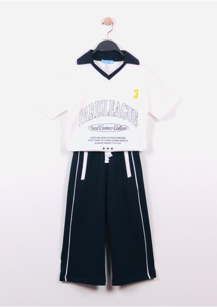Sloganlı Polo Yaka T-Shirt Geniş Eşofman Alt-Üst Takım Kız Çocuk