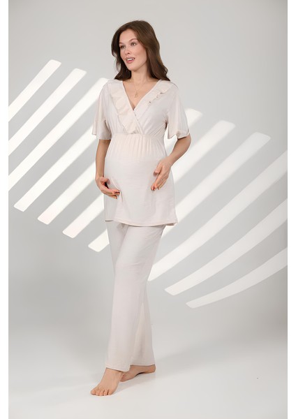Pamuklu Volanlı Kruvaze Emzirme Bölmeli Pijama Sabahlık