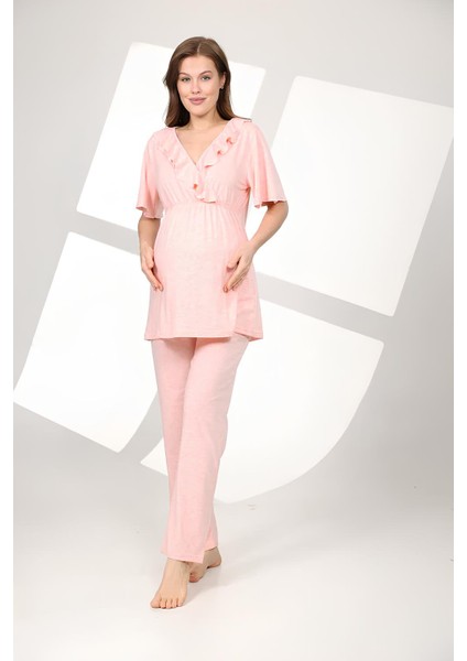 Pamuklu Volanlı Kruvaze Emzirme Bölmeli Pijama Sabahlık