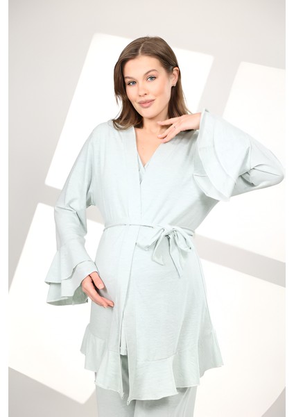 Pamuklu Volanlı Kruvaze Emzirme Bölmeli Pijama Sabahlık
