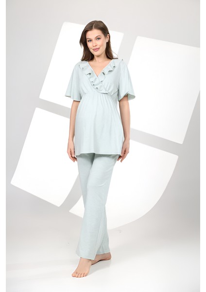 Pamuklu Volanlı Kruvaze Emzirme Bölmeli Pijama Sabahlık