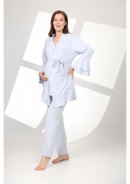 Pamuklu Volanlı Kruvaze Emzirme Bölmeli Pijama Sabahlık