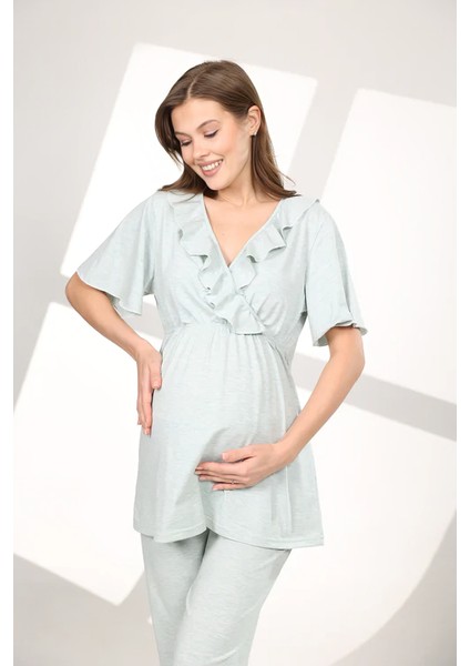 Pamuklu Volanlı Kruvaze Emzirme Bölmeli Pijama Sabahlık
