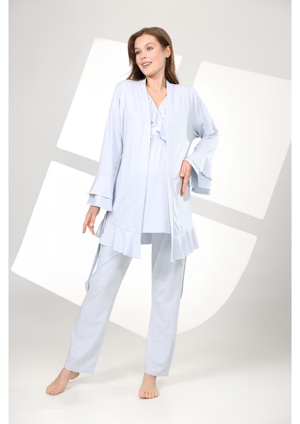 Pamuklu Volanlı Kruvaze Emzirme Bölmeli Pijama Sabahlık