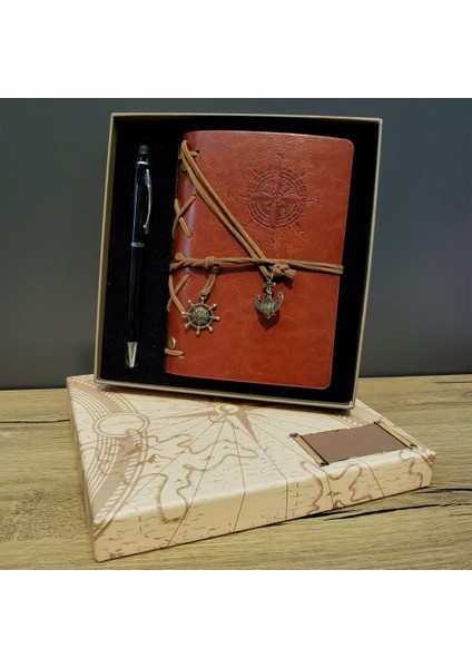 Pusula Baskılı Deri Defter Kalem Seti