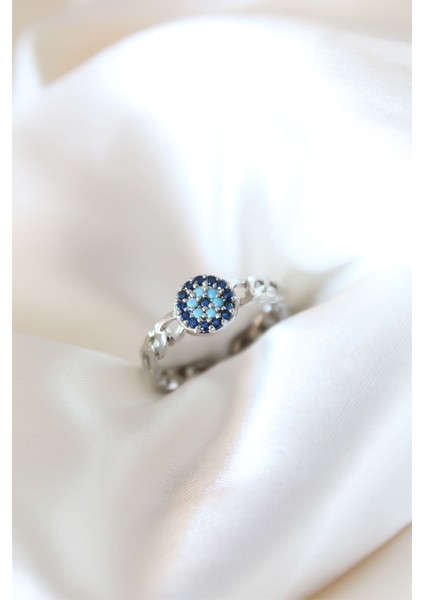 Zirkon Taşlı Nazarlı Gümüş Kaplama Kadın Yüzük - TJ-BYK2318