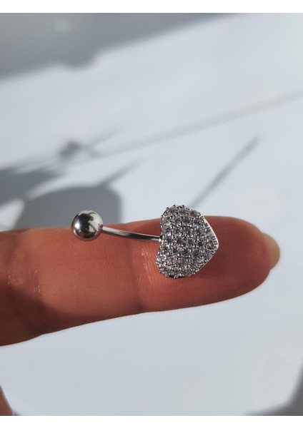 Kalp Zirkon Taşlı Paslanmaz Çelik Gümüş Renk Göbek Piercingi modelleri