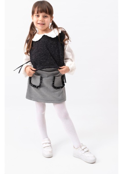 Kız Çocuk Kolej Tarzı Takım – Dantel Yakalı Gömlek, Süveter ve Kazayağı Desenli Etek