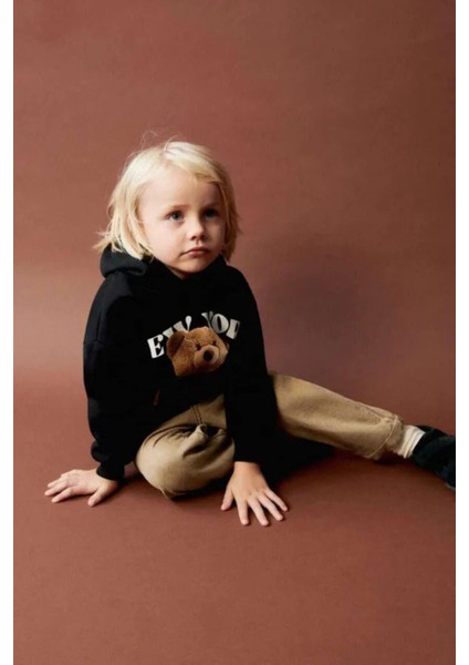 Unisex Çocuk Tedy Ayıcık Pamuklu Kapüşonlu Sweatshirt Jogger Eşofman Alt-Üst Takım