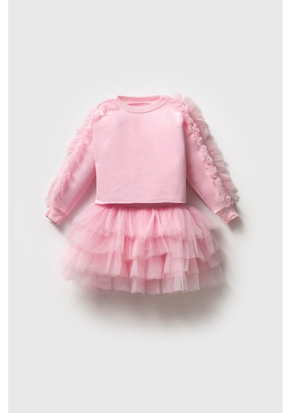 Pembe Pamuklu Fırfırlı Sweatshirt Tüllü Etek Alt-Üst Takım Kız Çocuk