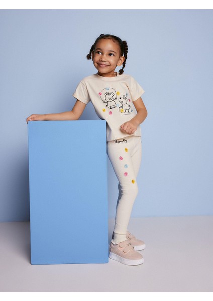 Ekru Peppa Desenli Pamuklu T-Shirt Tayt Alt-Üst Takım Kız Çocuk