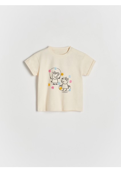 Ekru Peppa Desenli Pamuklu T-Shirt Tayt Alt-Üst Takım Kız Çocuk modelleri