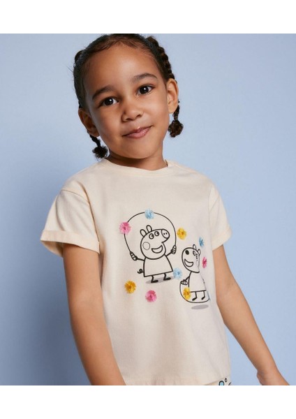 Ekru Peppa Desenli Pamuklu T-Shirt Tayt Alt-Üst Takım Kız Çocuk fırsatları