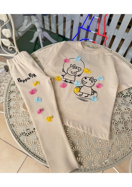 Ekru Peppa Desenli Pamuklu T-Shirt Tayt Alt-Üst Takım Kız Çocuk indirimleri