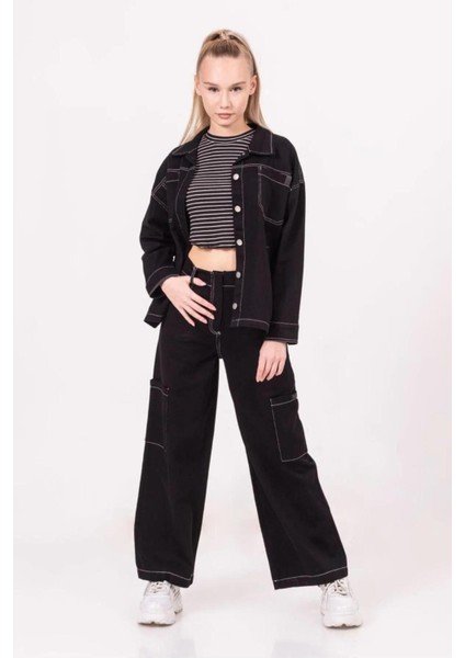Kız Çocuk Siyah Ceket Crop T-Shirt Pantolon 3'lü Alt-Üst Takım