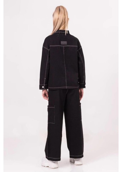 Kız Çocuk Siyah Ceket Crop T-Shirt Pantolon 3'lü Alt-Üst Takım modelleri