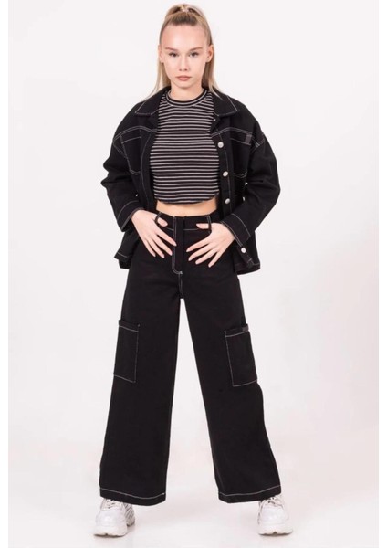 Kız Çocuk Siyah Ceket Crop T-Shirt Pantolon 3'lü Alt-Üst Takım fırsatları