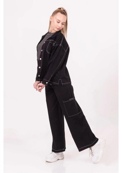 Kız Çocuk Siyah Ceket Crop T-Shirt Pantolon 3'lü Alt-Üst Takım indirimleri