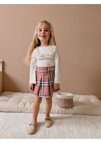 Kız Çocuk Beyaz Pamuklu Body Ekose Şort Etek Alt-Üst Takım