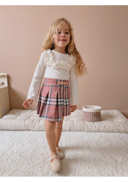Kız Çocuk Beyaz Pamuklu Body Ekose Şort Etek Alt-Üst Takım modelleri