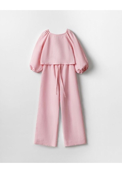 Kız Çocuk Keten Viskon Bluz Ispanyol Pantolon Alt-Üst Takım