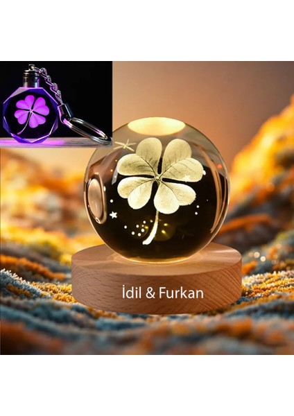 Isme Özel Büyük Boy Işıklı Ahşap Kaideli Yonca Cam Küre 8 cm ve Anahtar Seti