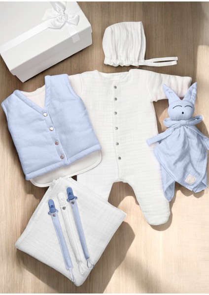 8 Katlı Organik Muslin Yenidoğan Bebek Tulum Seti 8 Parça Hastane Çıkışı Set %100 Pamuk