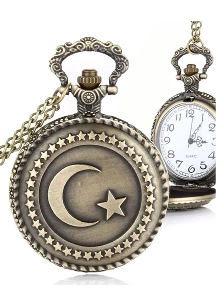 Kişiye Özel Ayyıldız Kabartmalı Büyük Boy Köstekli Saat Kolye