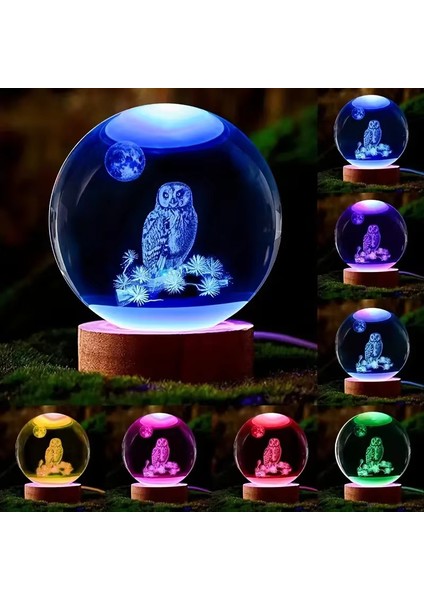Isme Özel Ahşap Baykuş Cam Küre Tasarımlı 3D Cam Küre 6 cm ve Anahtar Seti