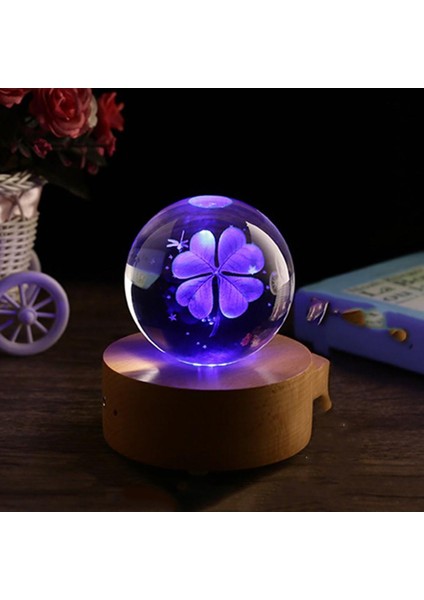 Kişiye Özel Işıklı Ahşap Kaideli Yonca Temalı Cam Küre 8 cm *6 cm