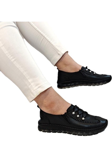 9871 Siyah Deri Boncuklu Kadın Ayakkabı