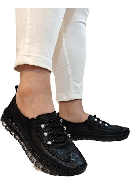 9871 Siyah Deri Boncuklu Kadın Ayakkabı fiyatları