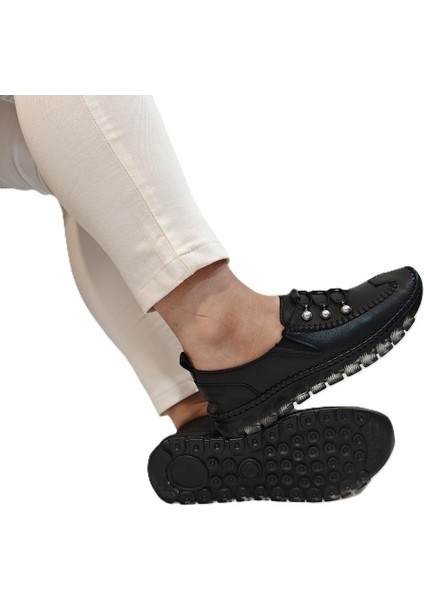 9871 Siyah Deri Boncuklu Kadın Ayakkabı modelleri