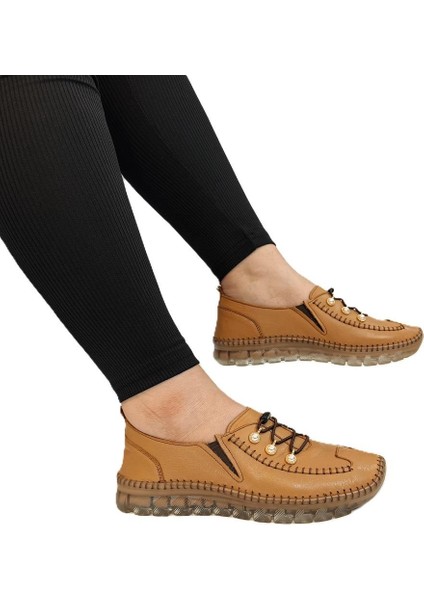 9871 Açık Kahve Deri Boncuklu Kadın Ayakkabı