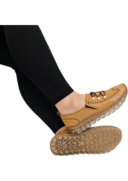 9871 Açık Kahve Deri Boncuklu Kadın Ayakkabı modelleri