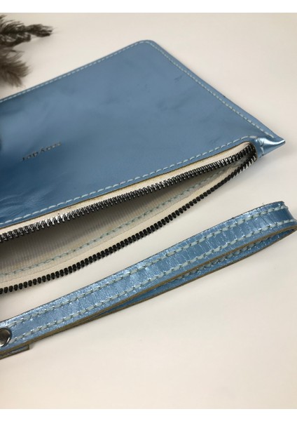 Deri Clutch Çanta Buz Mavisi