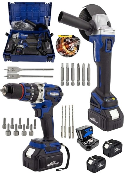 Italy V980 20AH Şarjlı 13MM Darbeli Matkap Vidalama Çelik Mandren ve Taşlama Demir Kesme Makinesi