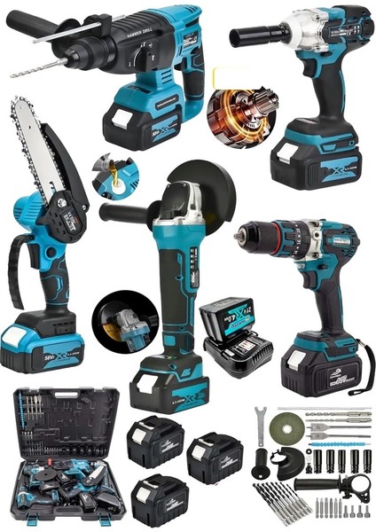 5'makina 20AH 3 Akülü Spiral Taşlama&13 mm Matkap Vidalam&Dal Budama Testere&Somun Sökme&Kırıcı Hilti