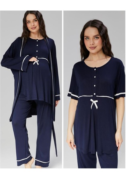 Birolgaye 509 Lacivert Hamile Lohusa 3 Lü Pijama Sabahlık Tk