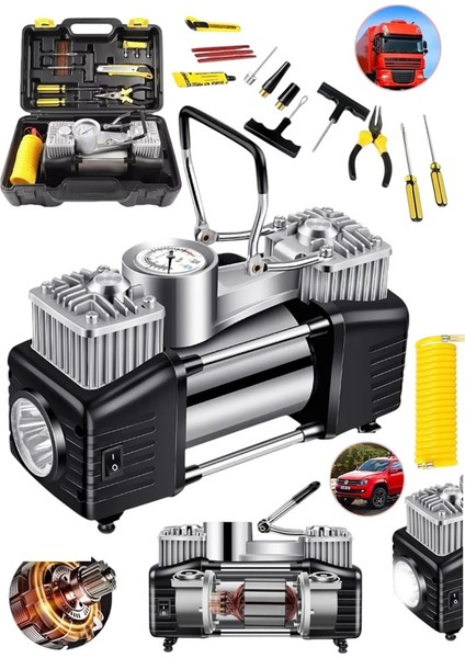 Italy Takım Çantalı 12V Çift Pistonlu 150PSI Tüm Araç Lastik Bot Şişirme Hava Kompresörü Dk 100LT