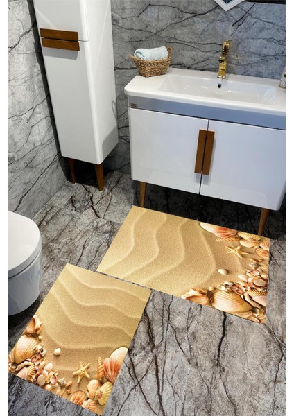 Dijital Baskılı Yıkanabilir Deniz Kabuğu Desenli Kaymaz Taban 2'li Banyo Paspas Seti