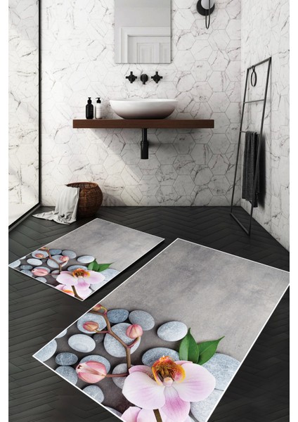 Dijital Baskılı Yıkanabilir Taş Desenli Kaymaz Taban 2'li Banyo Paspas Seti
