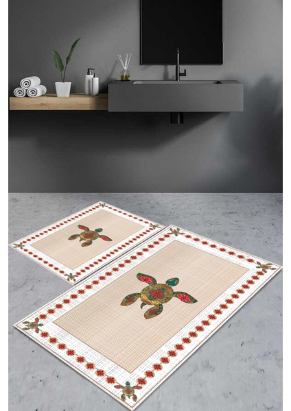 Dijital Baskılı Yıkanabilir Kaymaz Taban 2'li Banyo Paspas Seti