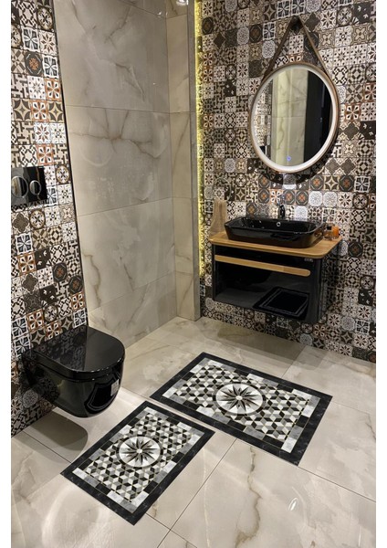 Dijital Baskılı Yıkanabilir Kaymaz Taban 2'li Banyo Paspas Seti