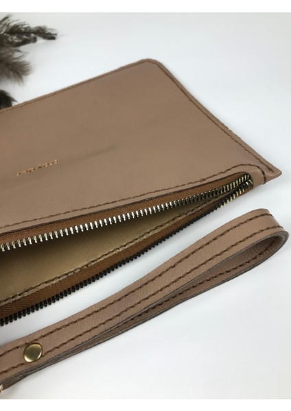 Deri Clutch Çanta Açık Kahverengi Renk